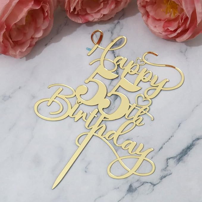 Happy 55th Birthday Cake Topper，Mirrored Gold Acrylic Topper for Cheers to 55 Years Birthday/Anniversary Party Decoration Ideas, Perfect Keepsake for your family and friends (55th)