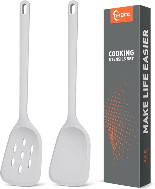 Silicone Cooking Spatula&Slotted Spatulas, Pack of 2,Solid Turner Kitchen Utensils Set for Cooking,Frying, Baking, Flipping, Turning,Heat Resistant 450℉ (GRAY)