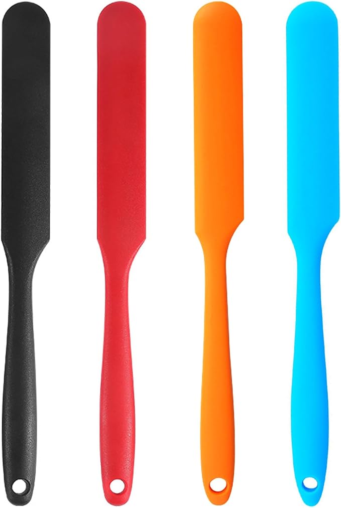 【4 Pack】Silicone Jar Spatula,Cake Cream Butter Spatulas,Icing Spatula,Sourdough Spatula with Long Handle, Jar Scraper Spatula (Black,Red,Orange,Blue)