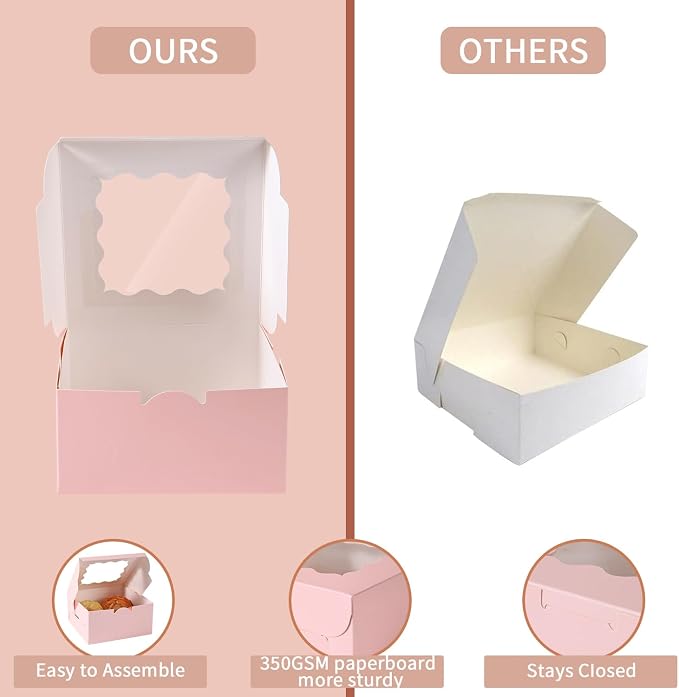 100 pcs 6x6x3 Inches Small Cake Box with Window, Bakery Pastry Cookie Boxes, Mini Pie container for Pastry,Dessert,Strawberries,Chocolates, Cupcakes with paper stickers (pink)