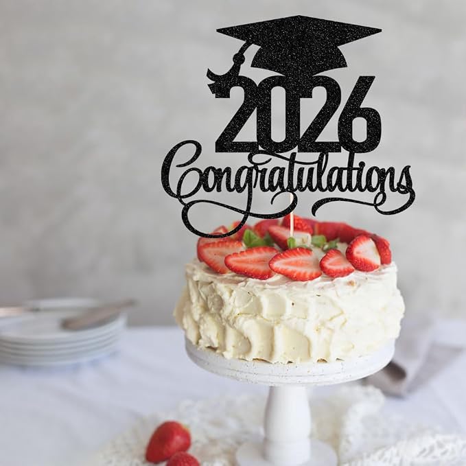 Black Glitter 2026 Congratulations Graduation Cake Topper,Congrats Grad Cake Decor - 2026 High School/College/Senior Graduation Party Decorations Supplies (2026Congratulations black)