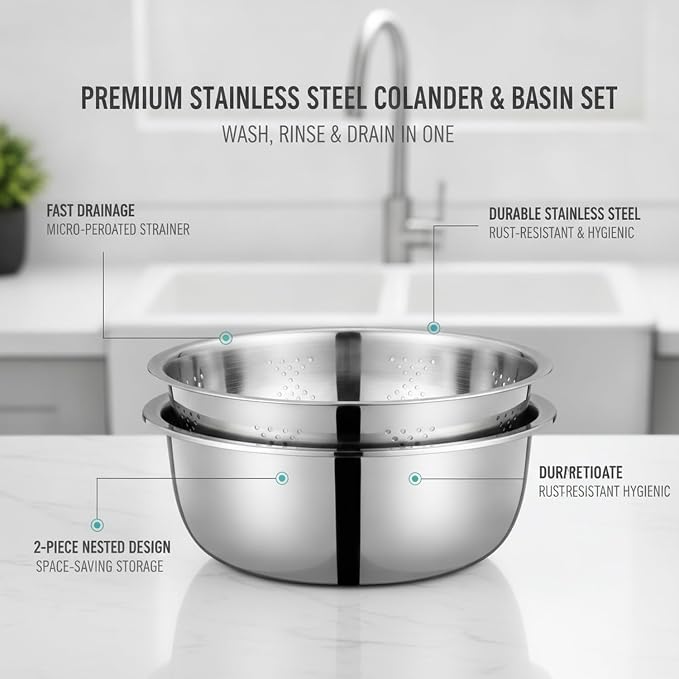 2-Piece Stainless Steel Nested Bowl Set, Deep Basin for Washing Veggies, Draining Pasta, and Food Prep (Silver)