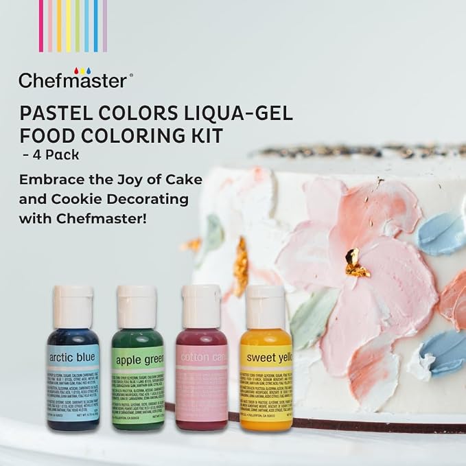 Chefmaster - Pastel Easter Colors Liqua-Gel Food Coloring Kit - Water-Based Food Coloring Gel - 4 Pack - Highly Pigmented, Create Vividly Colored Desserts, Easy-To-Blend Formula - Made in the USA