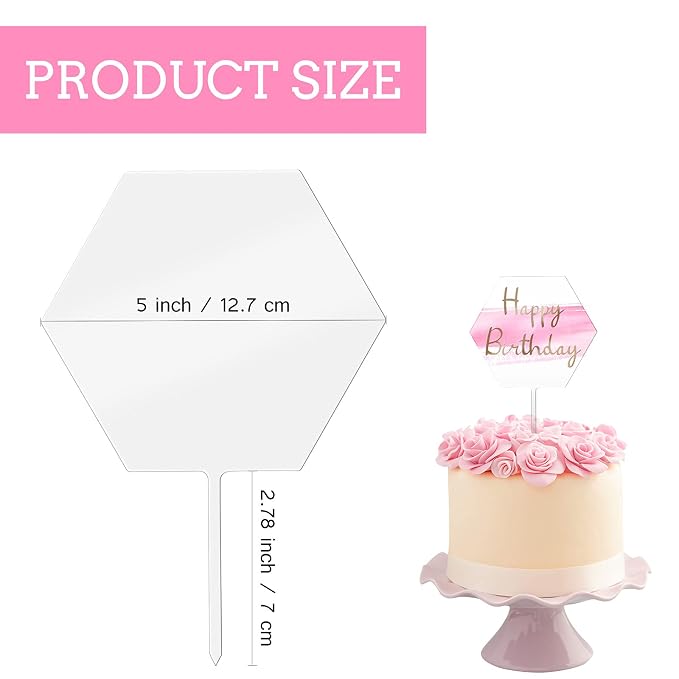 Yalikop 2 Pieces Acrylic Cake Topper Blank Clear DIY Birthday Personalized DIY Cake Topper for Custom Wedding Birthday Festival Party(Hexagon Style)