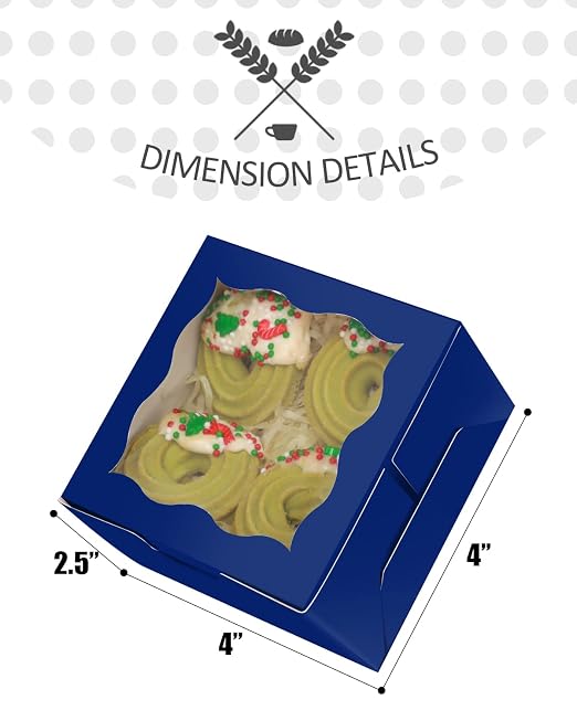 qiqee Dark Blue Bakery Boxes with Window 55pcs 4x4x2.5 Mini Cookie Boxes Macaron Boxes Small Donut Pastry Boxes for Party