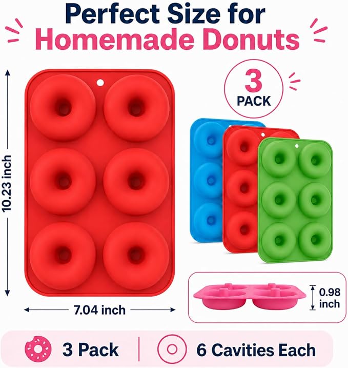 Silicone Donut Mold, 6 Cavity Non-Stick Doughnut Baking Pan – Food-Grade BPA-Free Flexible Silicone, Pops Out Easily, Oven Microwave Freezer & Dishwasher Safe (Donuts (3PK))