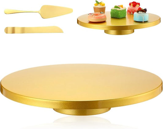 Wenqik 16 Inch Metal Gold Cake Stand with Cake Knife and Spatula, Round Dessert Table Display Stand Metal Dessert Tray Serving Platter for Party, Wedding, Birthday, Baby Shower, Anniversary