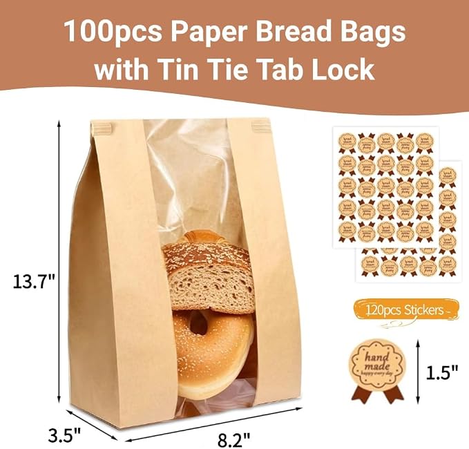 PAICUIKE 100 Pack Large Kraft Paper Bread Bags for Homemade Bread Sourdough Bags 13.7" x 8.2" x 3.5" with Tin Tie Tab Lock Clear Front Window Bakery Bag Packaging Cookie Bag with Label Seal Stickers