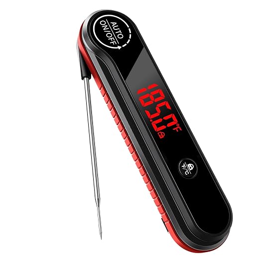 0.3s Ultra‑Fast Instant Read Meat Thermometer, IP67 Waterproof Food Thermometer with Rotating Display & Calibration Function for Grill BBQ Frying Kitchen Cooking(Red)