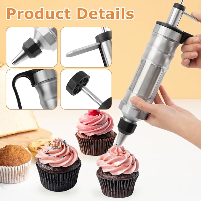 Dessert Decorating Syringe Set, Frosting Piping Kit with 6 Piping Tips, 9 cupcakes, 2 adapter, 3 cream squeegee, Stainless Steels Cupcake Decorating Kit for Baking