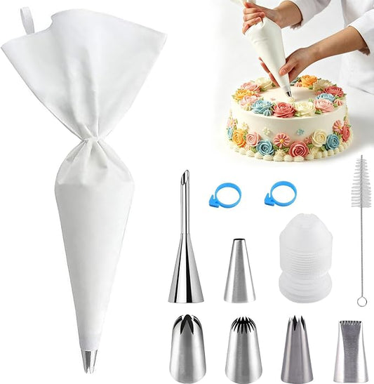USHYMJT Piping Bags and Tips Set, 11pcs Cotton Pastry Bags with Stainless Steel Nozzles, Coupler and Cleaning Brush, Baking Decorating Kit for Cake Cupcake Cookie Frosting Decor(11)