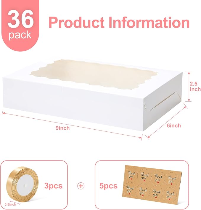 36 Pack Cookie boxes with Window,9x6x2.5 Inch Large Bakery Boxes with Ribbon and Sticks for Chocolate Covered Strawberries Muffins Donuts Pastry Dessert