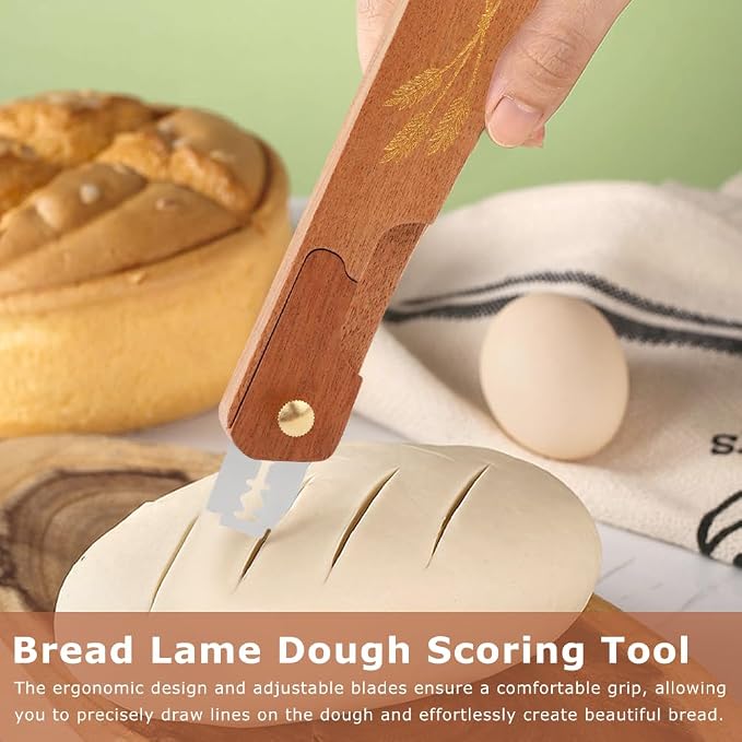Bread Lame, Wooden Sourdough Scoring Tool with Adjustable Blade & Thumb Screw, Handcrafted Hardwood Lame Razor with 10 Blades for Artisan Bread Baking