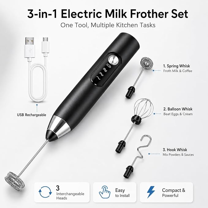 Black Handheld Milk Frother Wand for Coffee, Electric Whisk 3 Speed, 3-in-1 Rechargeable Drink Mixer with Stainless 3 Whisks, Coffee Frother For Latte, Cappuccino, Hot Chocolate, Egg