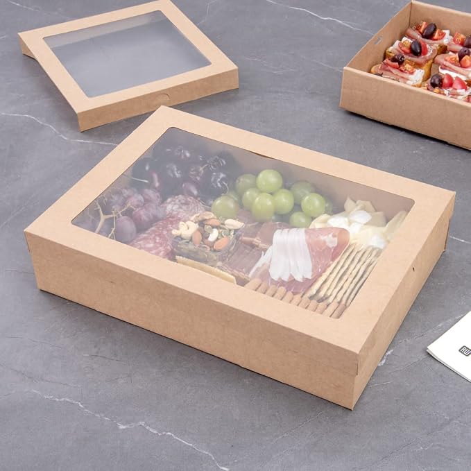 Restaurantware Cater Tek 14.3 x 10 x 3.2 Inch Baked Goods Boxes 100 Insert Tab Lock Window Pastry Boxes - Window Lids Easy Assembly Kraft Paper Catering Boxes For Charcuterie Or Cupcakes