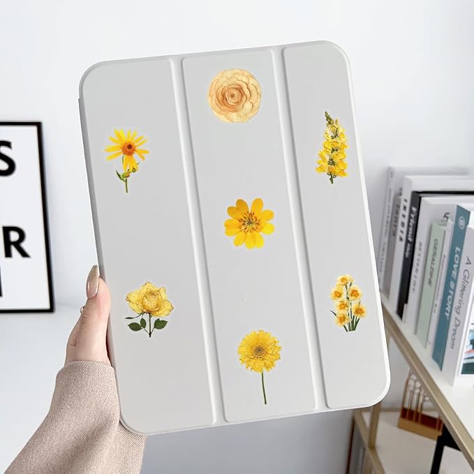 Yellow Chrysanthemum Stickers - 50PCS Vintage Dried Floral Stickers Waterproof PET Aesthetic Decals for Journaling, Scrapbooking, Water Bottles, Laptops, Perfect for Plant Lovers & Craft Enthusiasts