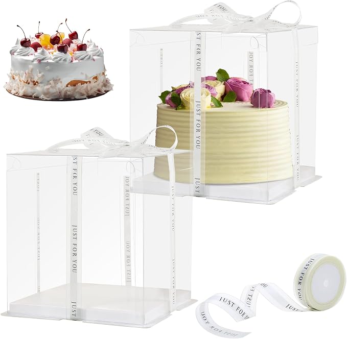 12x12x10inch 8Pcs Tall Cake Boxes Clear Display Gift Boxes with Ribbon,Pre Folded Lid for 10" and 11" Inch Tall Layer Tiered Cakes and Bakery Display Birthday Wedding Party(Clear , 12*12*10inch/8Pcs)