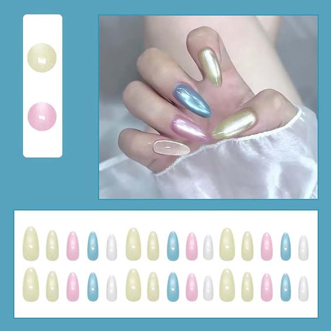 30Pcs Press on Nails Short Almond ZWENJIE Cat Eye Fake Nails Press ons Nail Tips Stick on Nails Glitter Tip Acrylic Nails Kit French False Nails with Rhinestone Design Nail Art for Women Manicure
