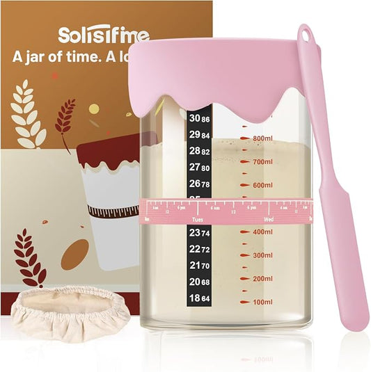 Pink Sourdough Starter Kit – 34 Oz Glass Jar With Lid, Cloth Cover, Date Band, Temp Strip – Sourdough Bread Baking Supplies, Glass Container, Pink