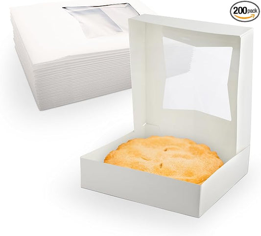 MT Products White Cookie Boxes - Size of 8" X 8" X 2.5" - (200 Pieces) Auto Pop-Up Bakery Boxes with Window - Made in the USA