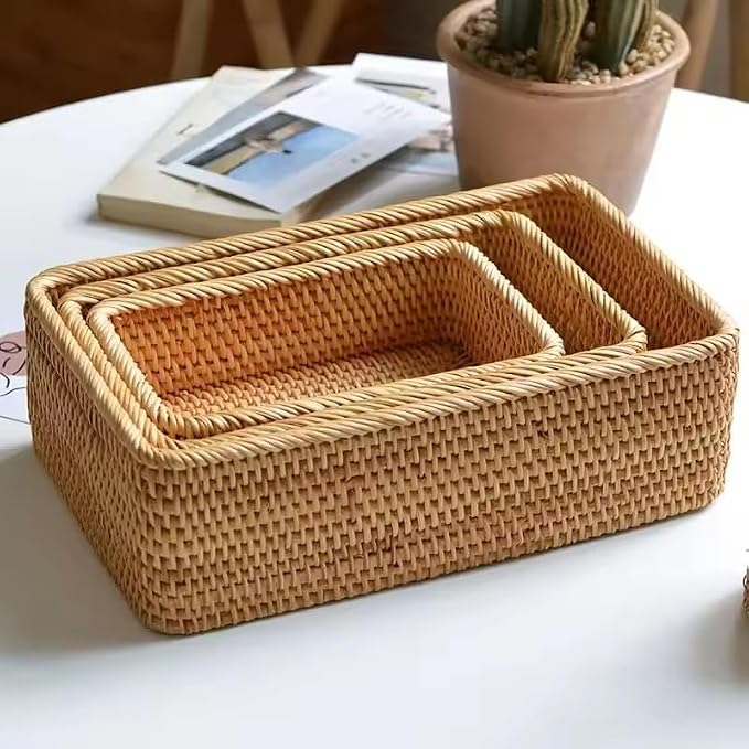 3 Sizes Rectangular Rattan Storage Baskets Handmade Woven Nesting Wicker Baskets for Decor Fruit Tray and Snack Storage Box (Big Basket)