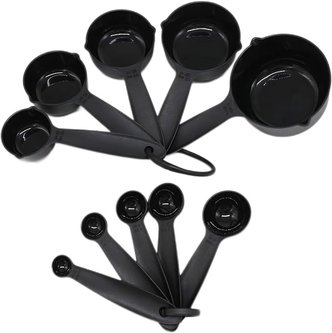 Measuring Cups and Spoons Set, 10 Piece Cute Plastic Measuring Cup Spoon Set, 5 Measure Cup and 5 Spoon For Dry & Liquid, Black Food Measure Cups Spoons for Baking & Kitchen