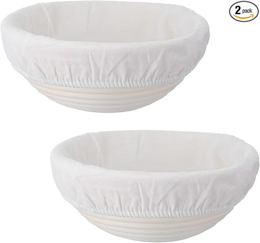 2-Pack Sourdough Bread Proofing Basket & Banneton Bread Proofing Basket Set with Liners, 8" Round Rattan Dough Bowls (7.87"x3.15") for Artisan Baking