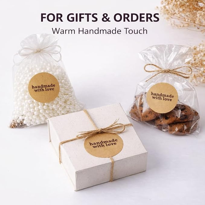Handmade with Love Stickers, 2 Inch Round Kraft Paper Packaging Seals, 100 Count, Strong Adhesive Labels for Small Business, Gifts, Envelopes and Bakery Packaging