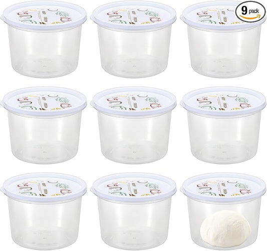BSTKEY Round Pizza Dough Proofing Boxes, Set of 9 Stackable Food Storage Containers with Lid, 700ml Clear Plastic Tray Fits for 235 Gram Pizza Dough, For Making within 10" Pizzas