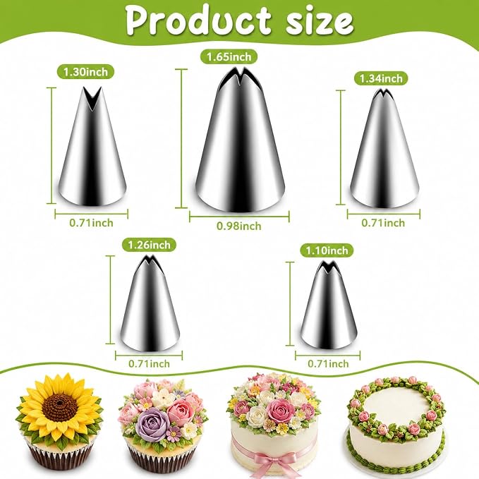 5 Pcs Leaf Piping Tips Set, 67, 68, 70, 352, 113, Stainless Steel Cake Decorating Tips, Frosting Icing Nozzles for Cupcakes, Cakes, Cookies