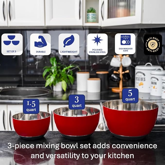WHYSKO® Stainless Steel Mixing Bowls (Set of 3) with Non-Slip Silicone Base for Kitchen, Dishwasher Safe Bowls for Meal Prep, Cooking, Baking, Serving, Food Storage (Red)