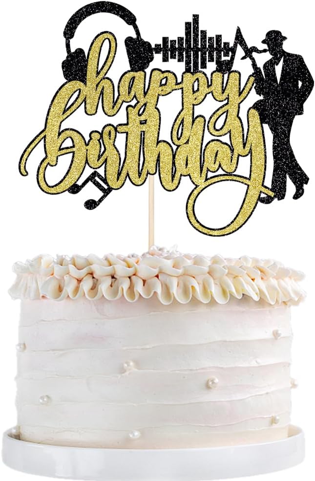 Saxophone Happy Birthday Cake Topper-Black Gold Glitter Saxophone Music headphones Cake Decorations,Music Lover Theme Birthday Party Supplies
