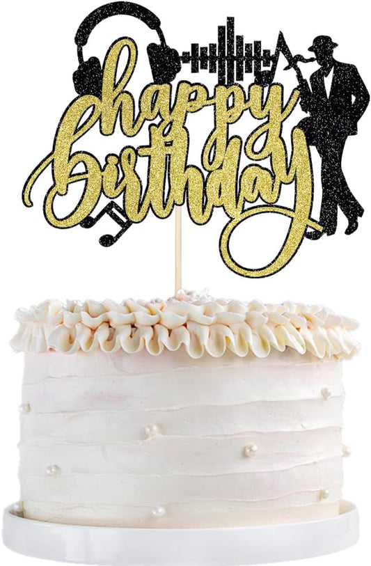 Saxophone Happy Birthday Cake Topper-Black Gold Glitter Saxophone Music headphones Cake Decorations,Music Lover Theme Birthday Party Supplies