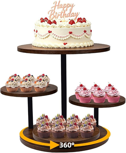 4 Tier Round Cupcake Tower Stand for 50 Cupcakes, 360° Rotating Wood Cake Stand with Tiered Trays, Farmhouse Cookie Stand for Dessert Table Display for Wedding Birthday Baby Shower Tea Party ﻿