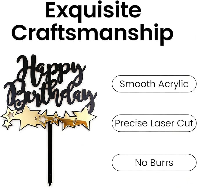 Acrylic Happy Birthday Cake Topper Durable Reusable Perfect for Birthday Cakes, Cupcakes, Dessert Tables Ideal for Kids Adults Birthday Celebrants (Black,Gold-2)