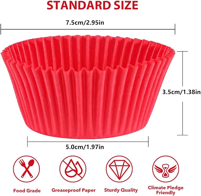 Standard Red Cupcake Liners for Baking 200 Counts - Caperci Greaseproof Muffin Baking Cups for Wedding Birthday Party Baby Shower Festivals (Red)