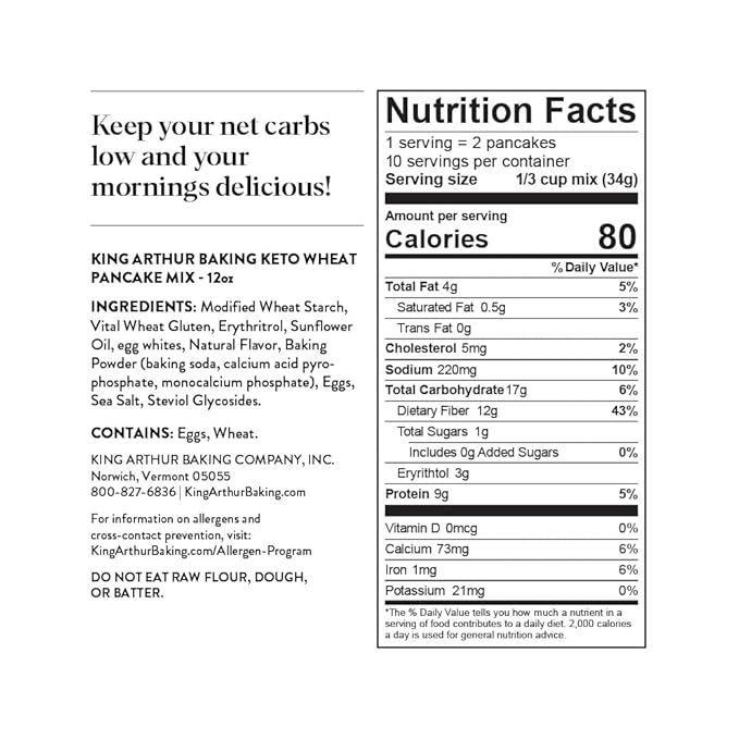 King Arthur Keto Wheat Pancake Mix: Low Carb, High Protein Breakfast Solution - Just Add Water for Fluffy Pancakes or Waffles - Non-GMO, Kosher Certified, 12 oz Pouch (Pack of 2)