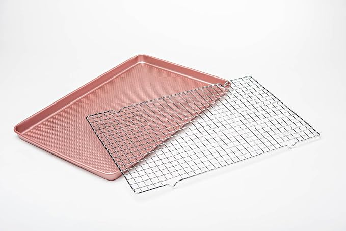 David Burke 17x11 Cookie Sheet with Chrome Cooling Rack – Carbon Steel, PFTE & PFOA Free, Oven Safe, Non-Toxic, Perfect for Baking and Roasting – Rose Gold