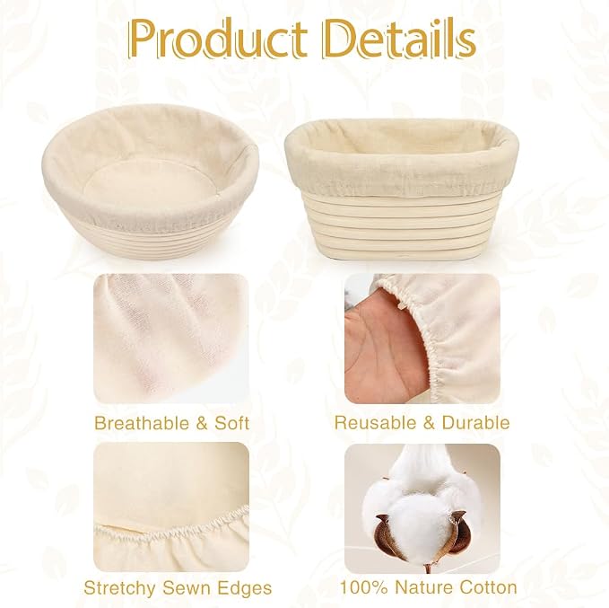 Bread Basket Liner Cloth 3 PCS 10 Inch Oval &3 PCS 9 Inch Round Bread Proofing Basket Cloth Liner Natural Rattan Banneton Basket Liner Proofing Cloth Baking Dough Basket Cover for Home Baking Supplies