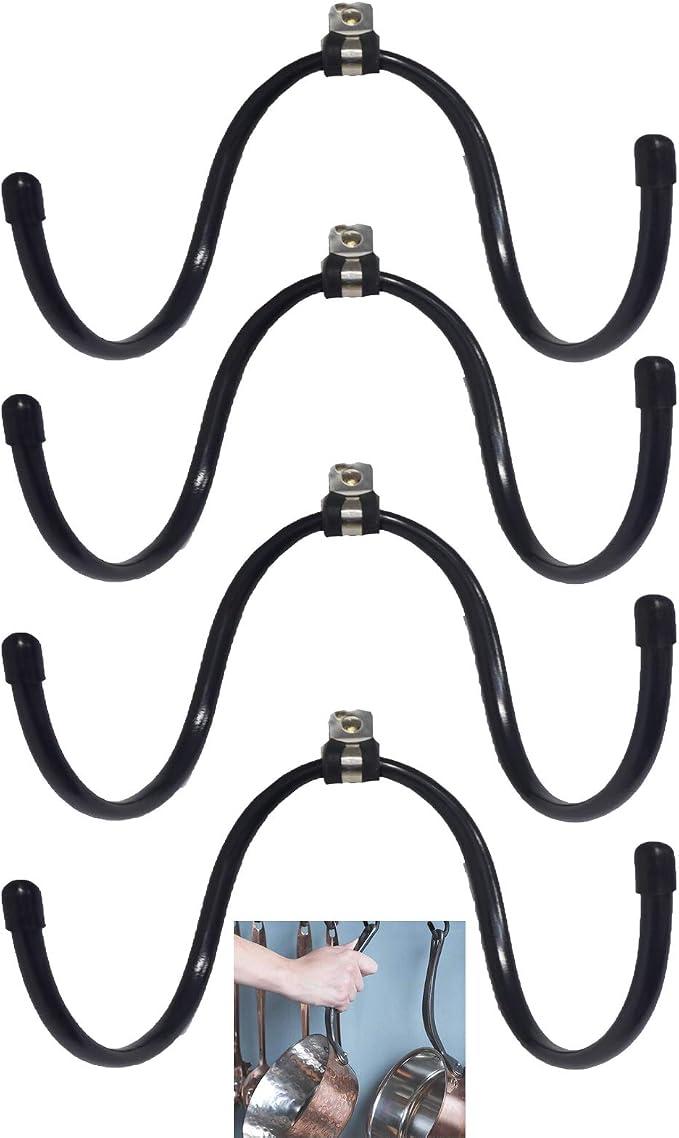 Adjustable Wrought Iron Wall Hook,Wall mounted pots and pans rack, Kitchen Cookware Hanging Organizer Hooks, Kitchen storage pot holder pot rack. Rolling pin Rack, W-type Flexible hook — 4/PK