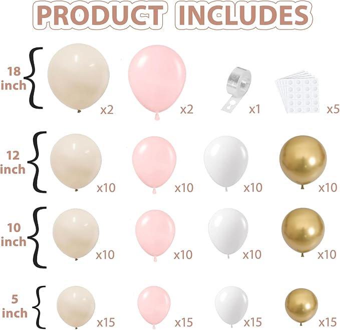 Pink Beige White Balloons Arch Kit - 144 pcs Light Pastel Pink Beige Sand White Chrome Gold Bobo Balloons for Engagement Wedding Bridal Shower Birthday Princess Party Decorations