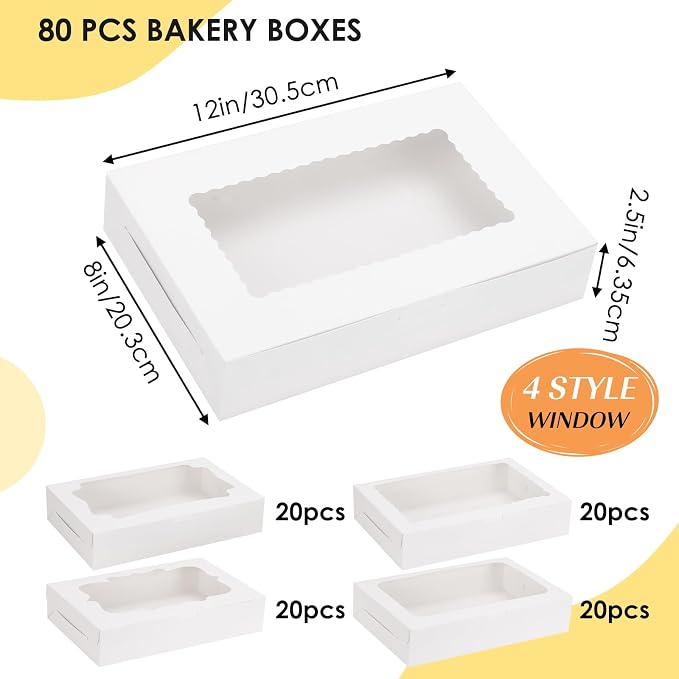 TOMNK 80pcs Cookie Boxes with Window, 12x8x2.5 Inches 4 Style Bakery Boxes, Large White Treat Containers for Chocolate Strawberries, Cakes, Donuts, Muffins and Pastries