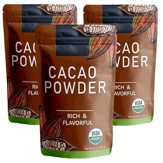226g/3pack, Premium Organic Cacao Powder - 100% Pure Unsweetened Cocoa for Professional Baking & Desserts, Dutch-Processed, Rich Flavor, Certified Vegan