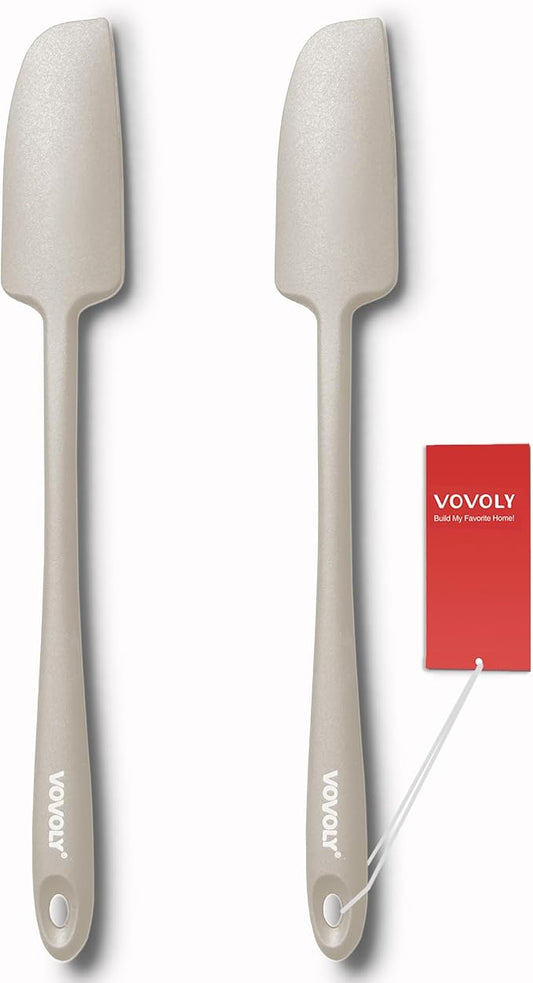 2-Pack Vovoly Silicone Jar Spatulas, Small Seamless Design Rubber Scraper with Stainless Steel Core, Heat Resistant and Non-Stick Mini Spatula for Jars and Blenders, BPA Free,11 IN, Khaki