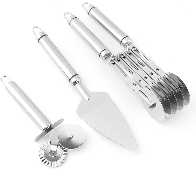5 Wheel Pastry Cutter, Stainless Steel Dough Divider with Handle, Expandable Dough Cutter Wheel with Handle, Multi-Round Pastry Knife, Pizza Cutter Roller and Pie Server(Silver)