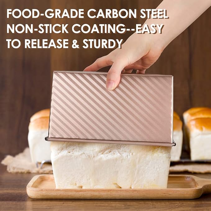 Pullman Loaf Pan with Lid Non-Stick Bread Toast Mold with Cover Carbon Steel Corrugated Bread Pan for Oven Baking 1lb Dough Capacity Bread Tin with Dough Scraper Cutter & Oil Brush