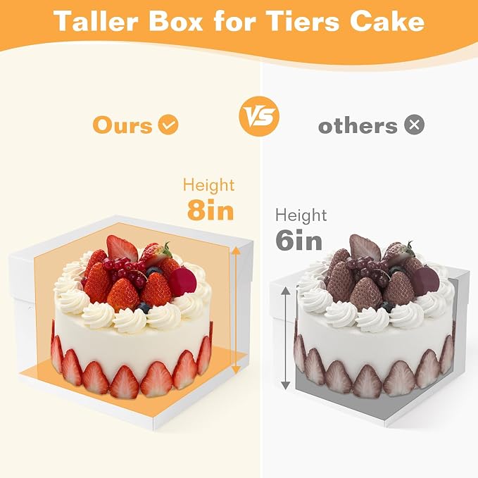 15Pcs 10x10x8 Inch Tall Cake Boxes with Clear Window & Cake Boards - Sturdy White Bakery Boxes with Scalloped Edge for Layer, Wedding, Birthday Cakes - Secure Transport for Professional & Home Bakers