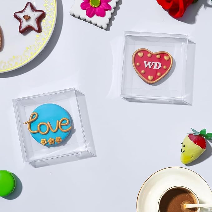 100 Pack 4x4x1.2inch Clear Single Cookies Boxes Small Bakery Boxes Macaron Boxes Brownie Boxes Pastry Boxes for Easter Mother's Father's Christmas Birthday Day