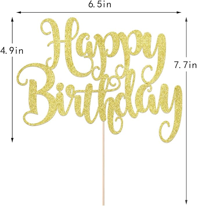Happy Birthday Cake Topper- Glitter Happy Birthday Cake Decor, Handmade Anniversary/Birthday Party Supplies (Gold)