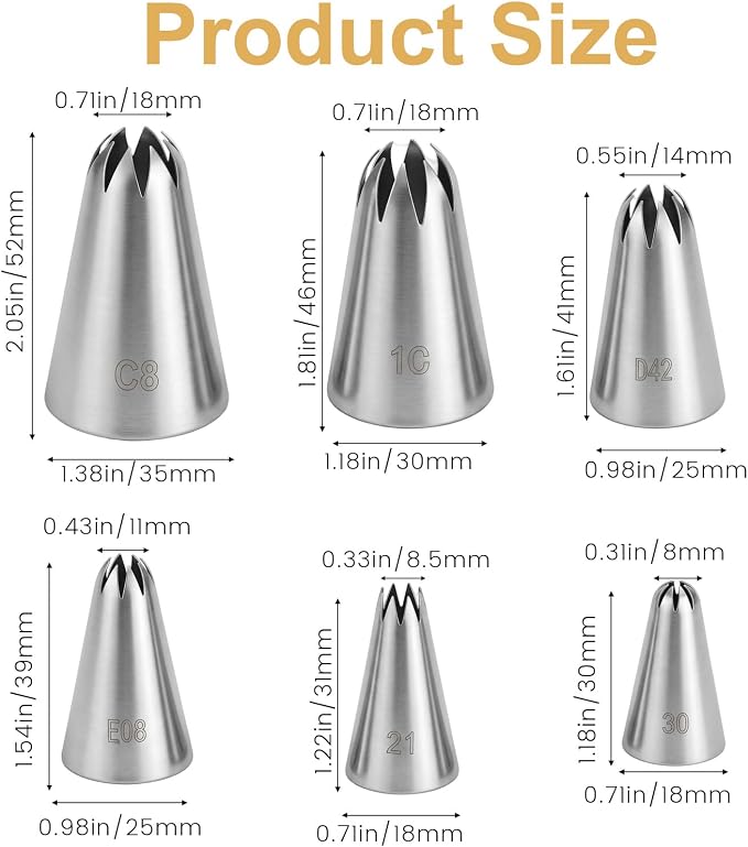 6 Pcs Piping Tips Set, 30, 21, E08, D42, 1C, C8 Stainless Steel Icing Tip Decorating Tips for Cookies, DIY Cream Rose Flower, Cream Puffs, Swirl, Rosette, Cake Cookie Decorating